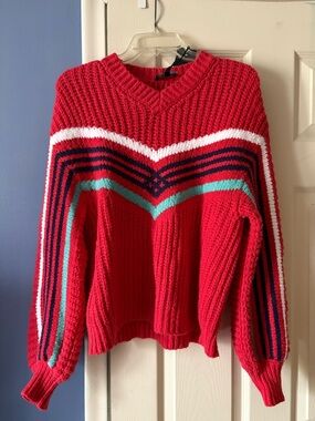 Giorgio Armani Red Striped V-Neck Women's Sweater